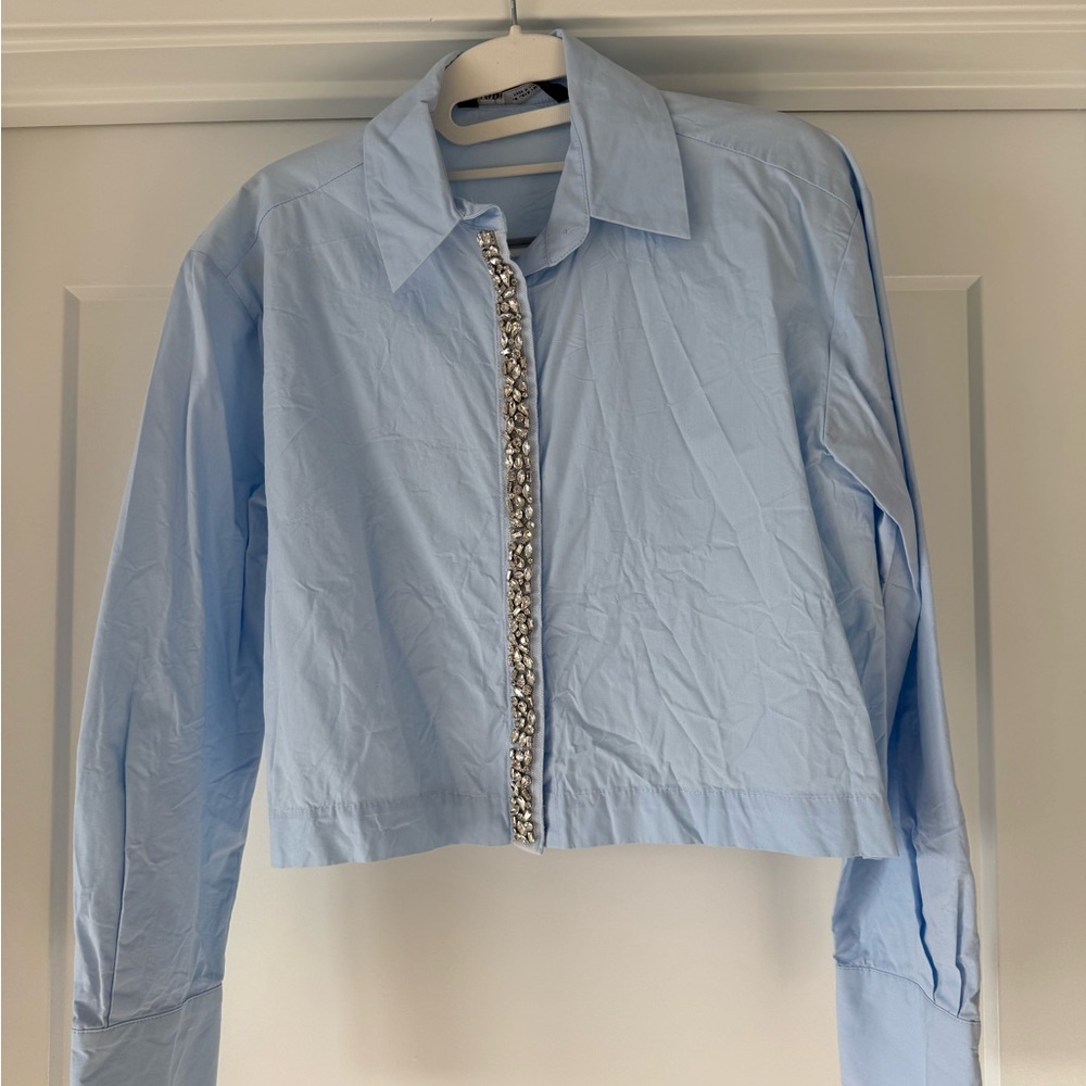 Zara blue button-up shirt with silver embroidery